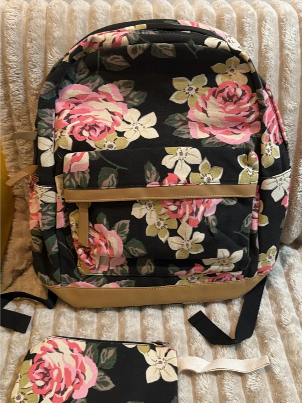 Floral Canvas Backpack with Pink Rose Print